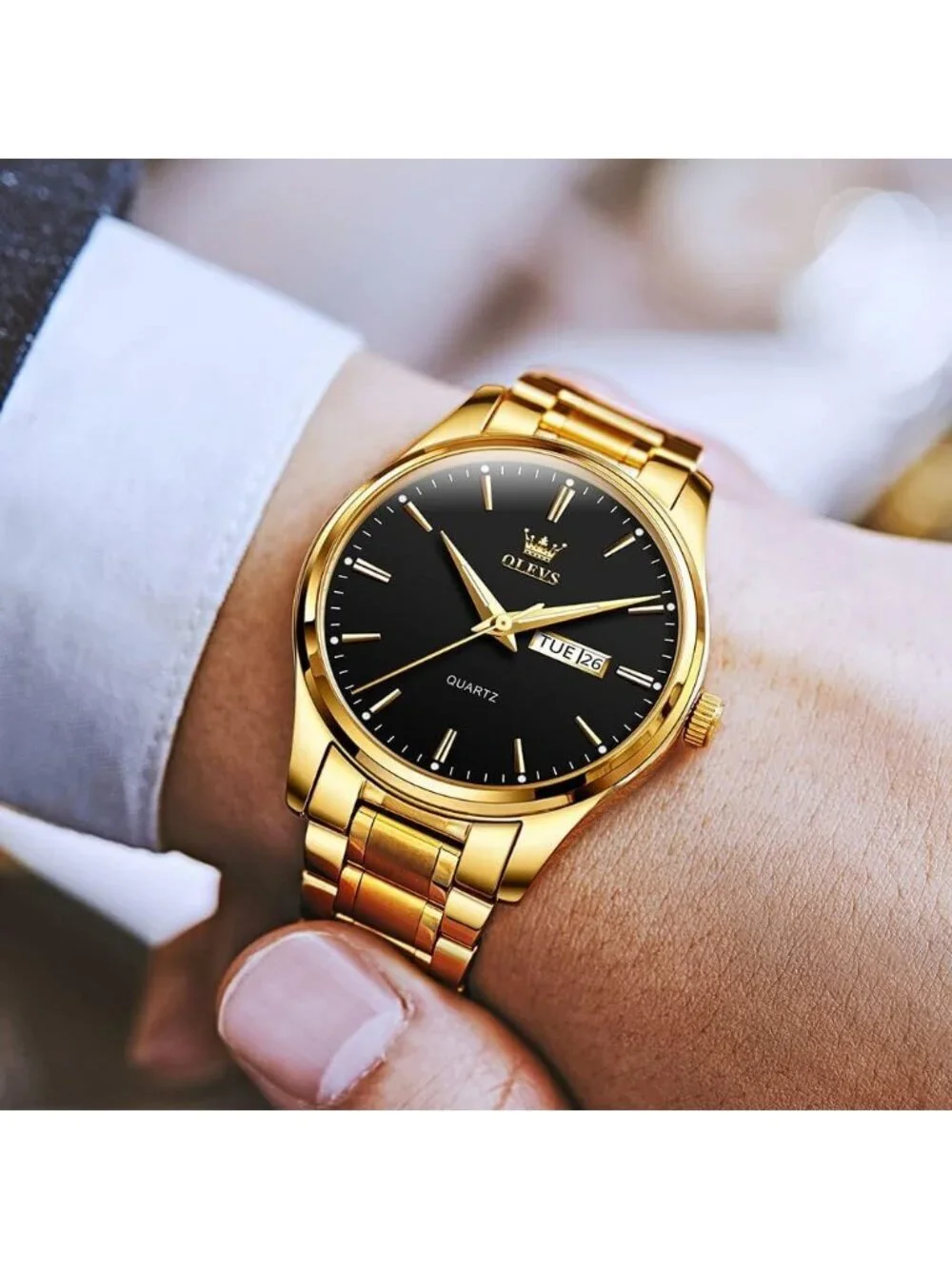 Men's Gold Black Stainless Steel Analog Quartz Classic Waterproof Round Watch